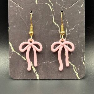 Pink Bow Dangle Earrings Gold Tone Hook Cute Kawaii